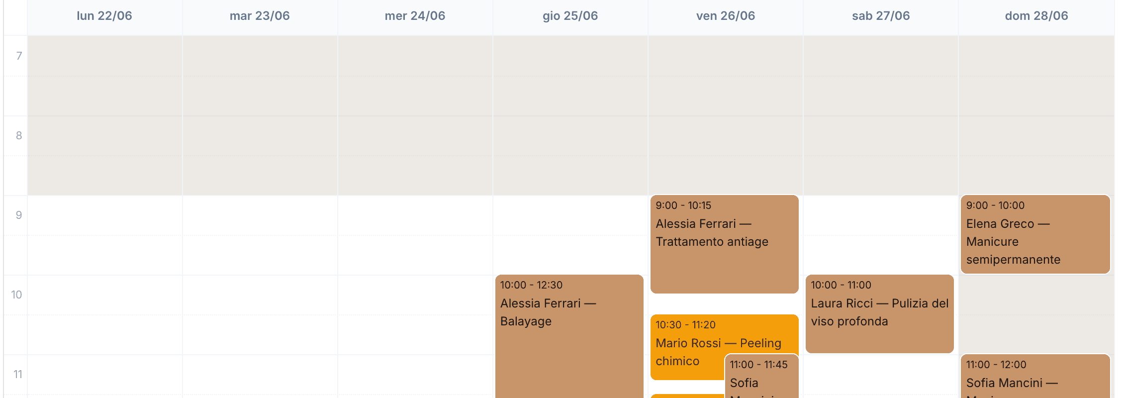 L'agenda settimanale del gestionale: appuntamenti confermati e in attesa di pagamento su più giorni, con le ore di chiusura ombreggiate.