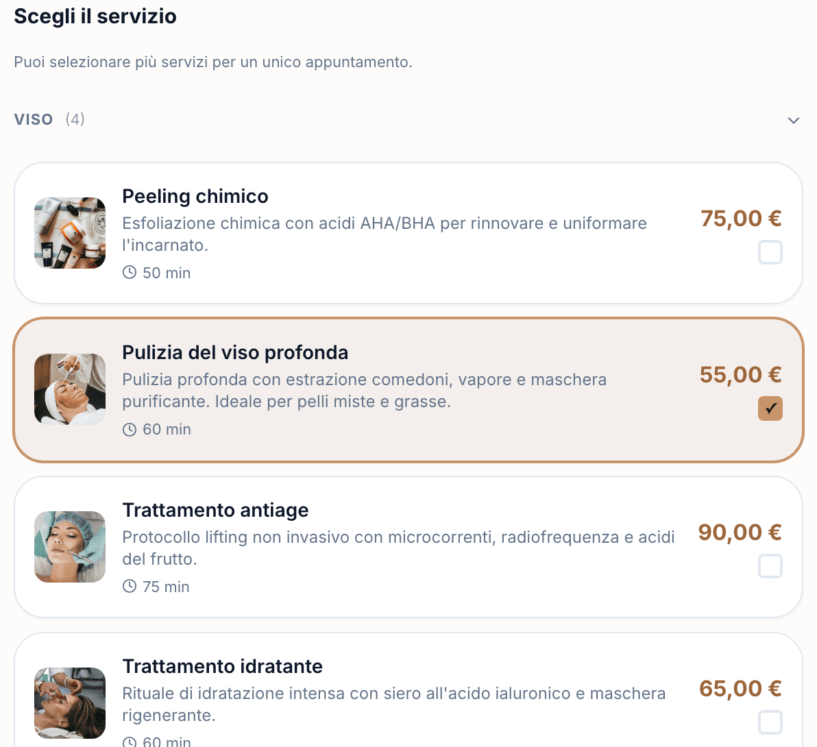 Il widget di prenotazione di un centro estetico: quattro trattamenti viso con foto, durata e prezzo, e la Pulizia del viso profonda selezionata.
